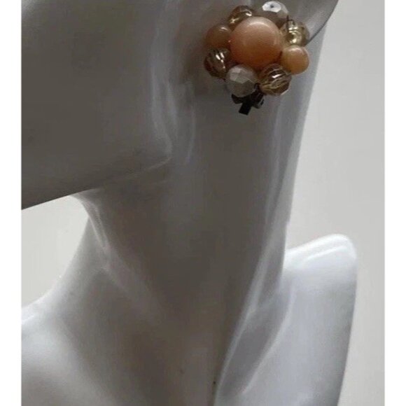 Vintage 1950s Faux Pearl Sea Cream Orange Crystal Cluster Clip on Earrings - Picture 5 of 12